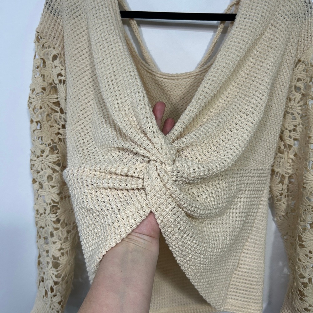Waffle Knit Knot Front Sweater Romantic XL Beige Lace‎ Sleeve Boho Soft Indie - Picture 3 of 8